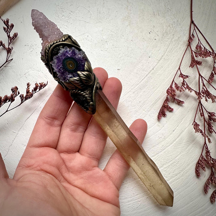 Extra Long Smoky Citrine Point with Spirit Quartz Amethyst Stalactite and Moldavite Wand - FairyGardenGlow