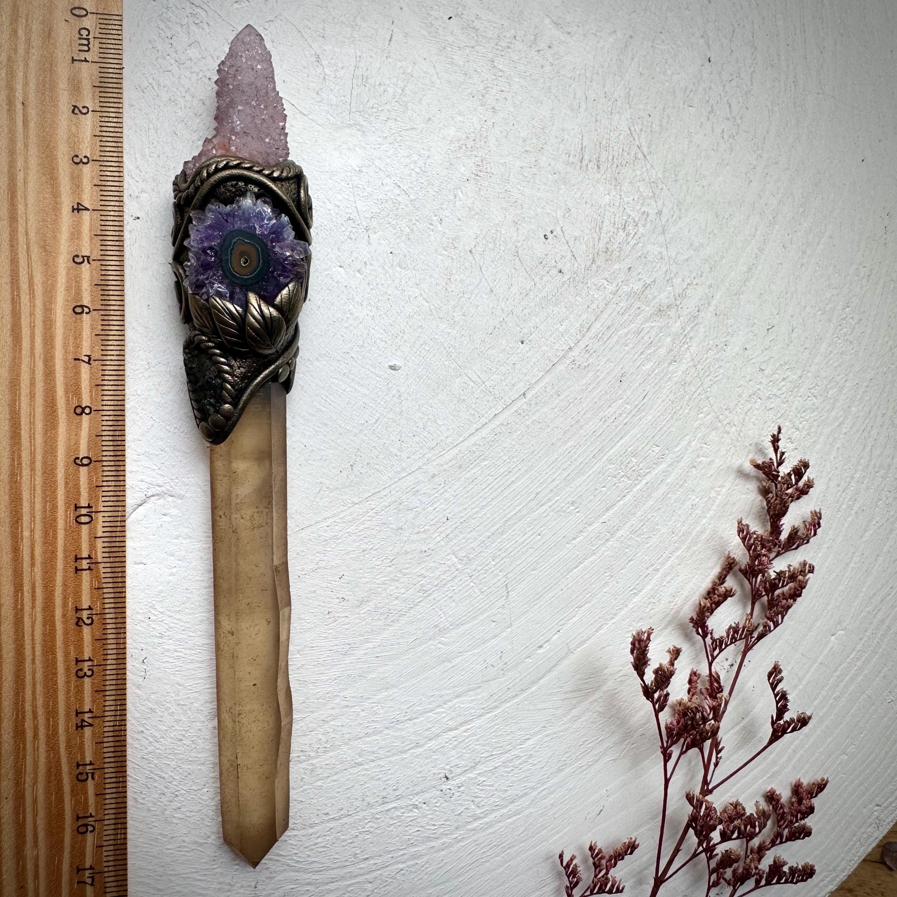 Extra Long Smoky Citrine Point with Spirit Quartz Amethyst Stalactite and Moldavite Wand - FairyGardenGlow