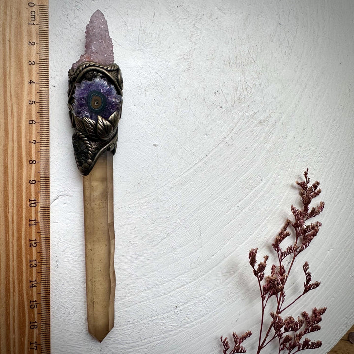 Extra Long Smoky Citrine Point with Spirit Quartz Amethyst Stalactite and Moldavite Wand - FairyGardenGlow