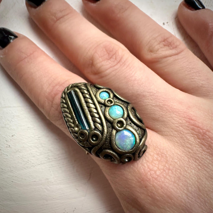 Blue Tourmaline and Australian Opal Ring - FairyGardenGlow