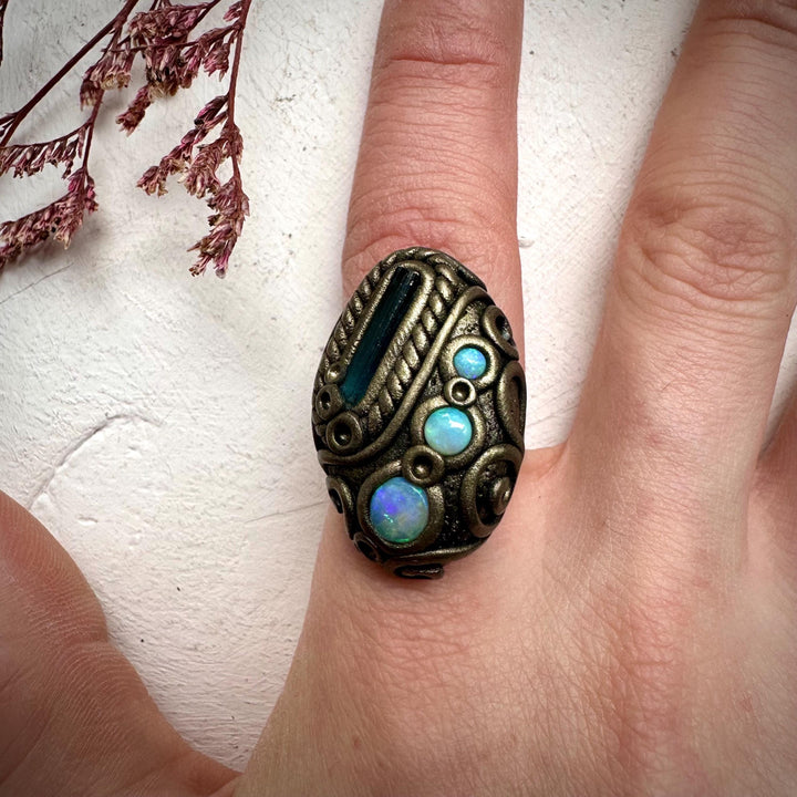 Blue Tourmaline and Australian Opal Ring - FairyGardenGlow