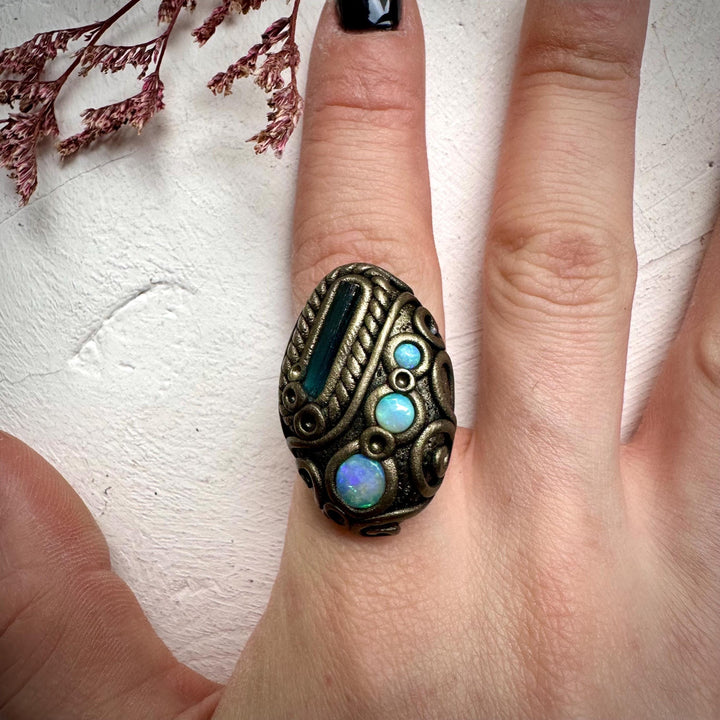 Blue Tourmaline and Australian Opal Ring - FairyGardenGlow