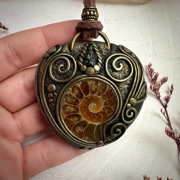 Ammonite and Moldavite Necklace - FairyGardenGlow