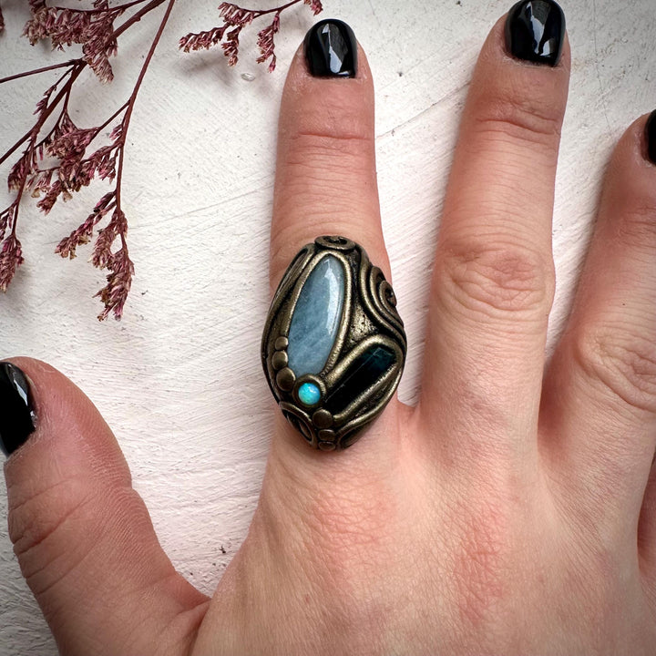 Aquamarine Blue Tourmaline and Australian Opal Ring - FairyGardenGlow