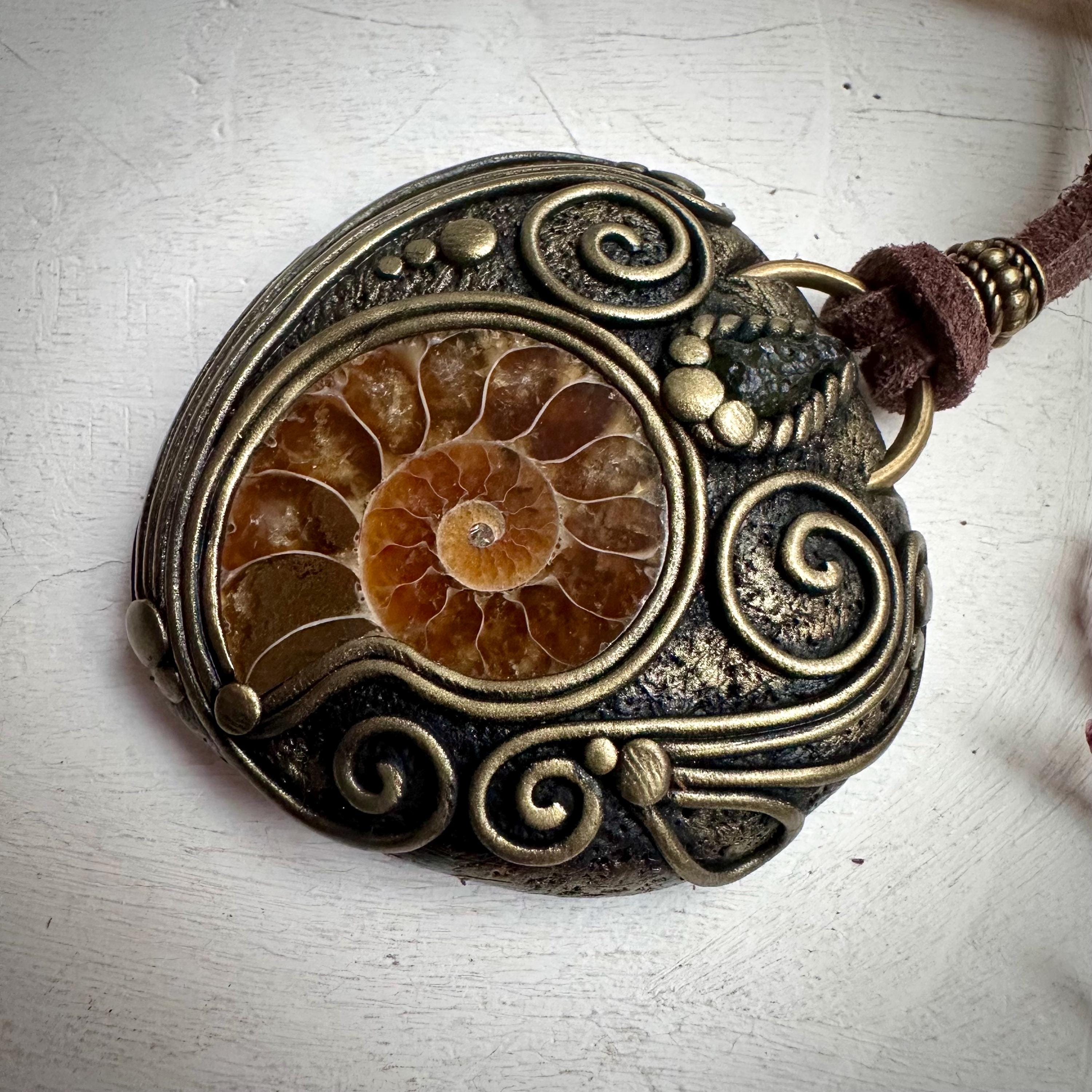 Ammonite and Moldavite Necklace - FairyGardenGlow