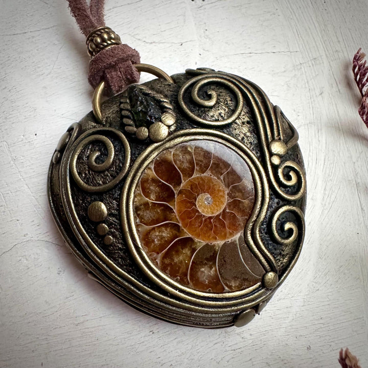 Ammonite and Moldavite Necklace - FairyGardenGlow