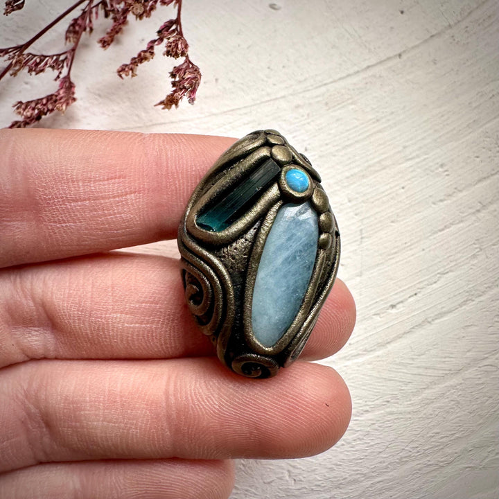 Aquamarine Blue Tourmaline and Australian Opal Ring - FairyGardenGlow