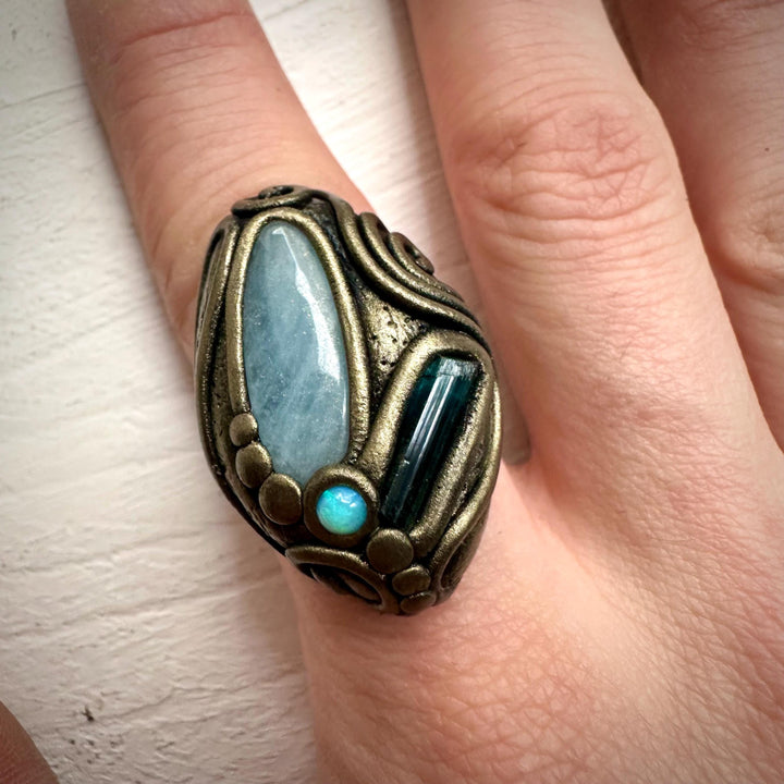 Aquamarine Blue Tourmaline and Australian Opal Ring - FairyGardenGlow