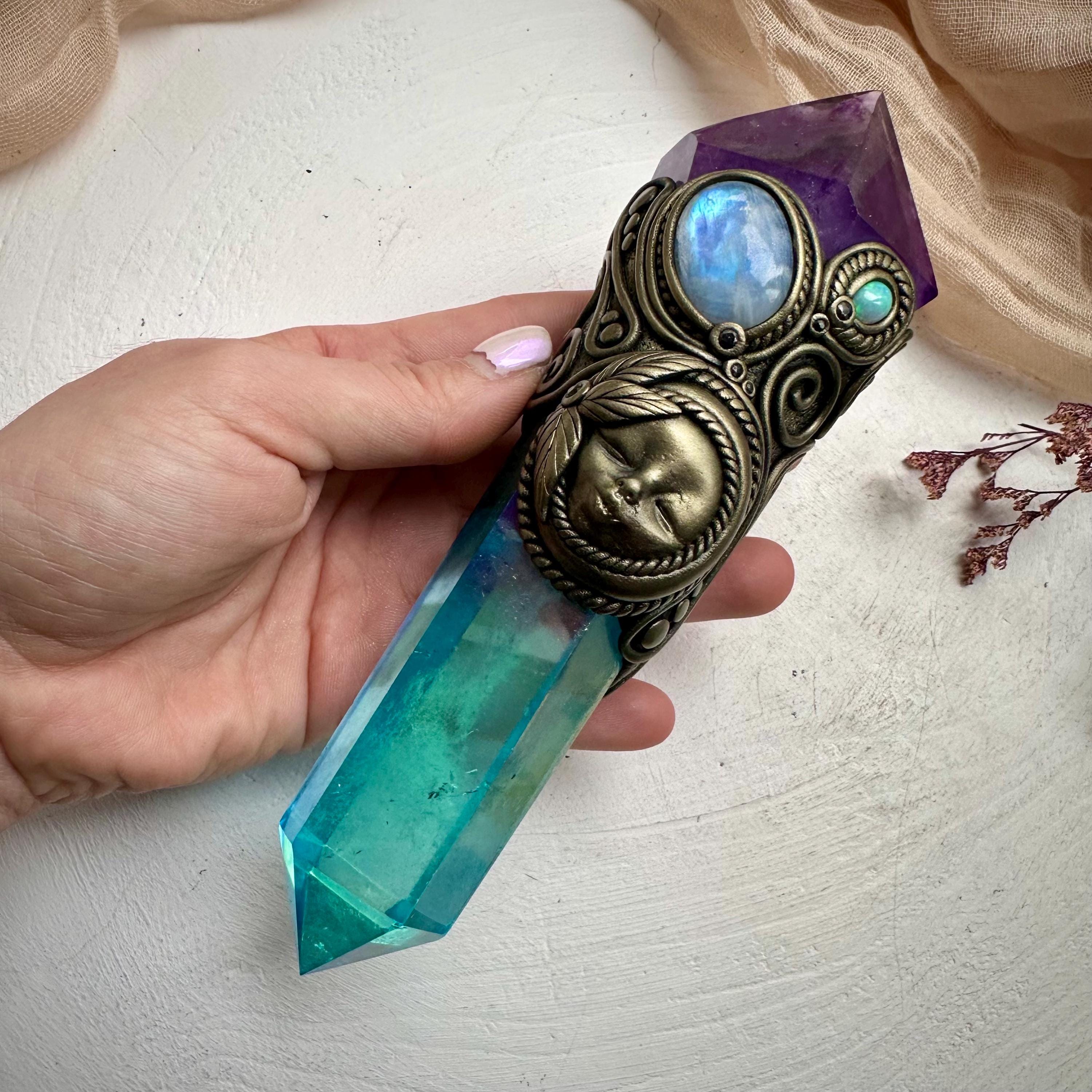 Aqua Aura Quartz Wand, Amethyst Rainbow Moonstone Opal and Blue Sapphire Goddess Wand - FairyGardenGlow