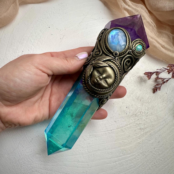 Aqua Aura Quartz Wand, Amethyst Rainbow Moonstone Opal and Blue Sapphire Goddess Wand - FairyGardenGlow