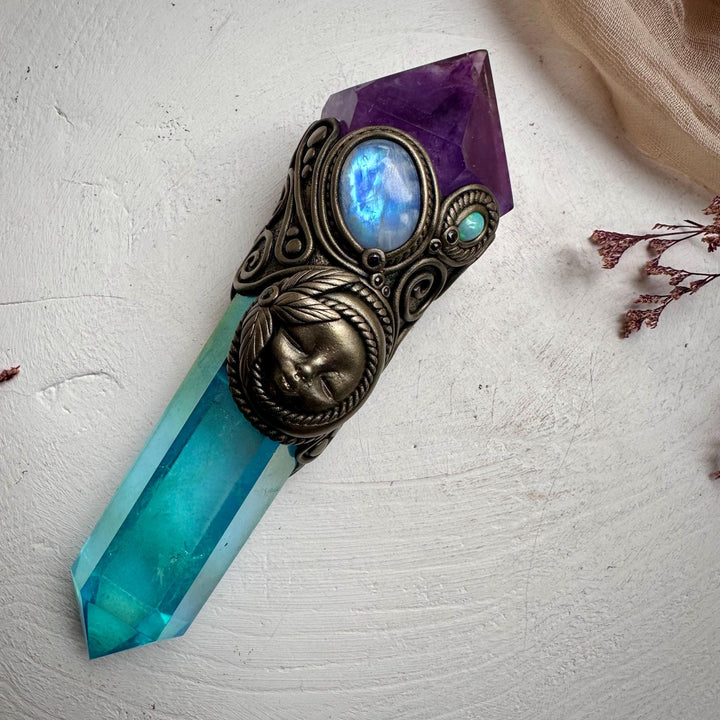 Aqua Aura Quartz Wand, Amethyst Rainbow Moonstone Opal and Blue Sapphire Goddess Wand - FairyGardenGlow