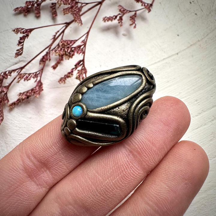 Aquamarine Blue Tourmaline and Australian Opal Ring - FairyGardenGlow