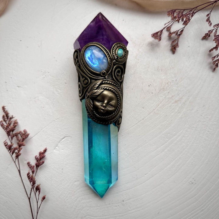 Aqua Aura Quartz Wand, Amethyst Rainbow Moonstone Opal and Blue Sapphire Goddess Wand - FairyGardenGlow