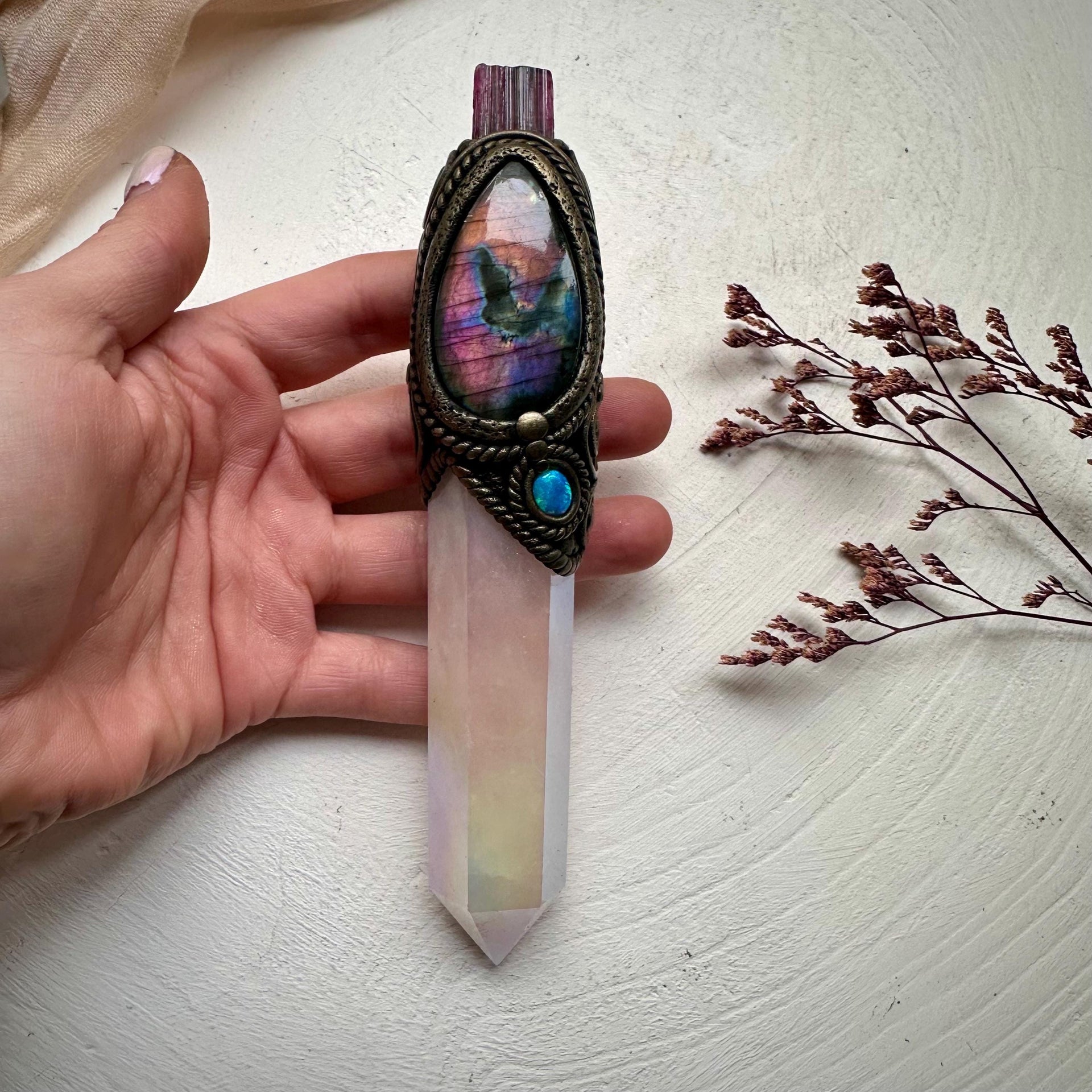 Angel Aura Rose Quartz Labradorite Opal and Bi Color Tourmaline Wand - FairyGardenGlow