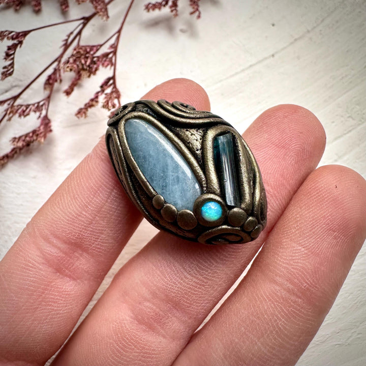 Aquamarine Blue Tourmaline and Australian Opal Ring - FairyGardenGlow