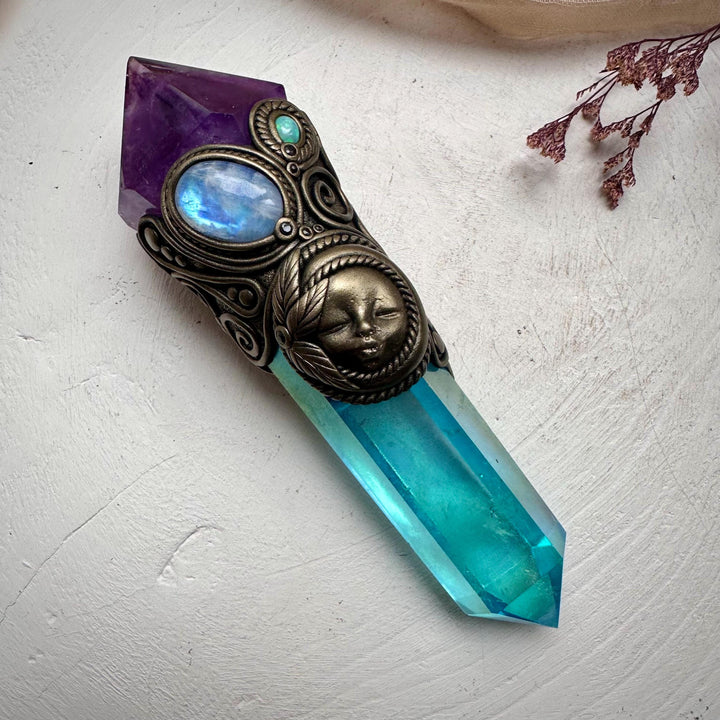 Aqua Aura Quartz Wand, Amethyst Rainbow Moonstone Opal and Blue Sapphire Goddess Wand - FairyGardenGlow