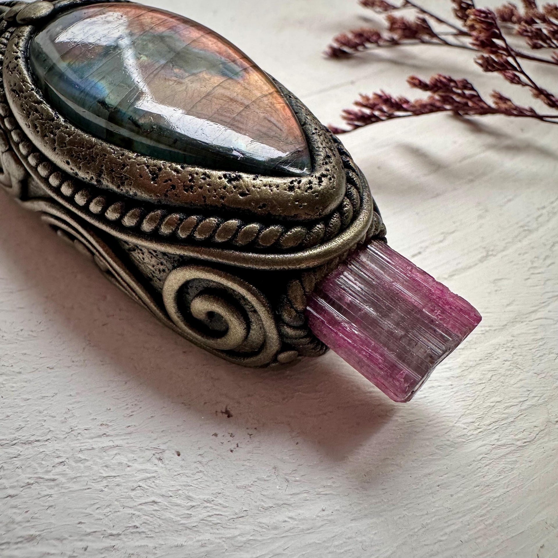Angel Aura Rose Quartz Labradorite Opal and Bi Color Tourmaline Wand - FairyGardenGlow