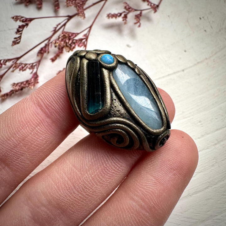 Aquamarine Blue Tourmaline and Australian Opal Ring - FairyGardenGlow