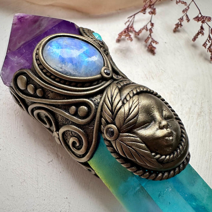 Aqua Aura Quartz Wand, Amethyst Rainbow Moonstone Opal and Blue Sapphire Goddess Wand - FairyGardenGlow