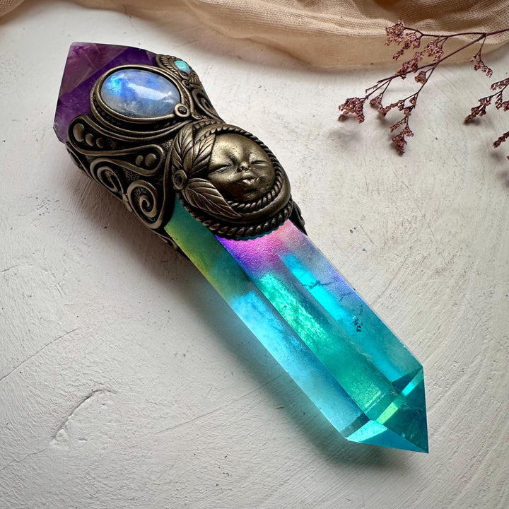 Aqua Aura Quartz Wand, Amethyst Rainbow Moonstone Opal and Blue Sapphire Goddess Wand - FairyGardenGlow