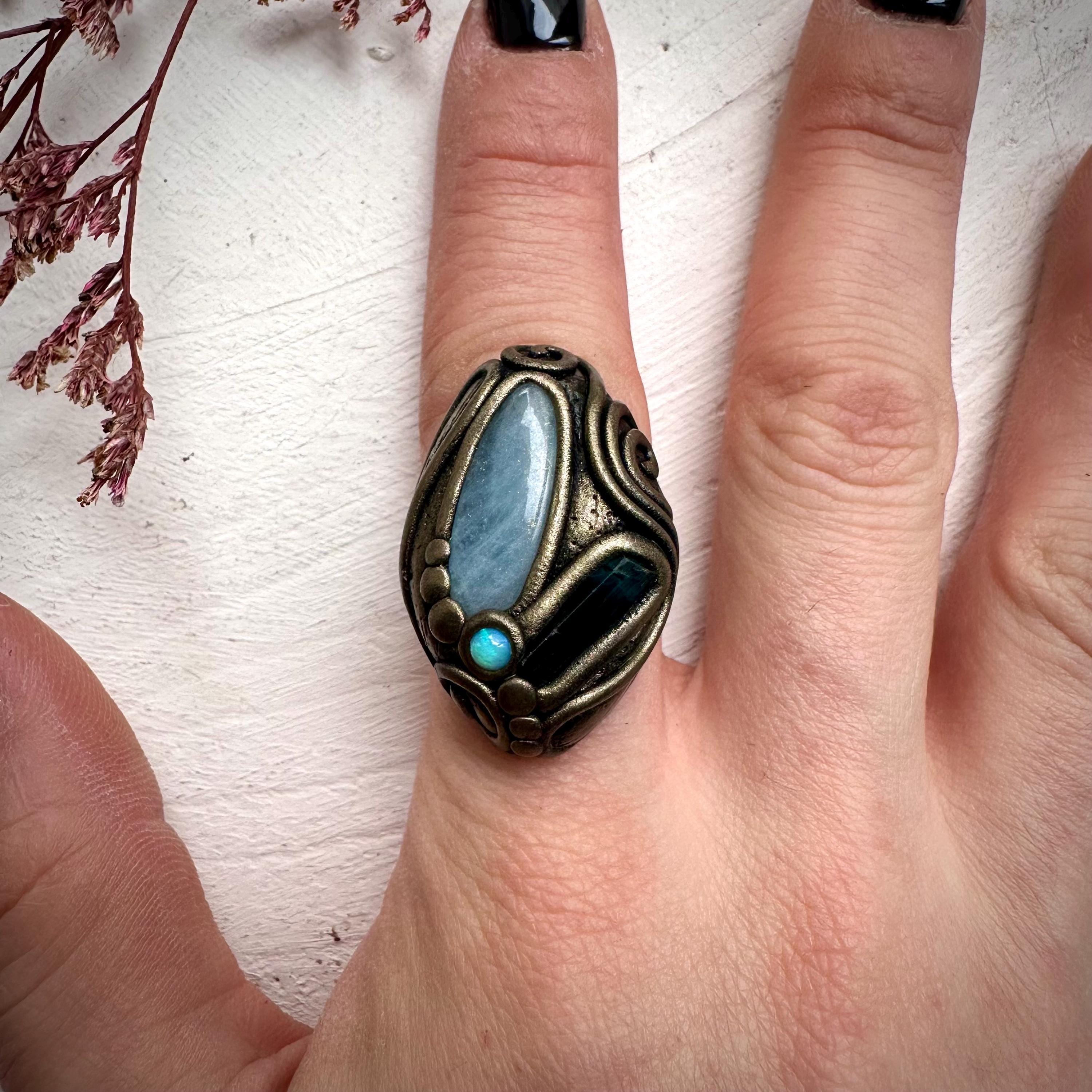 Aquamarine Blue Tourmaline and Australian Opal Ring - FairyGardenGlow