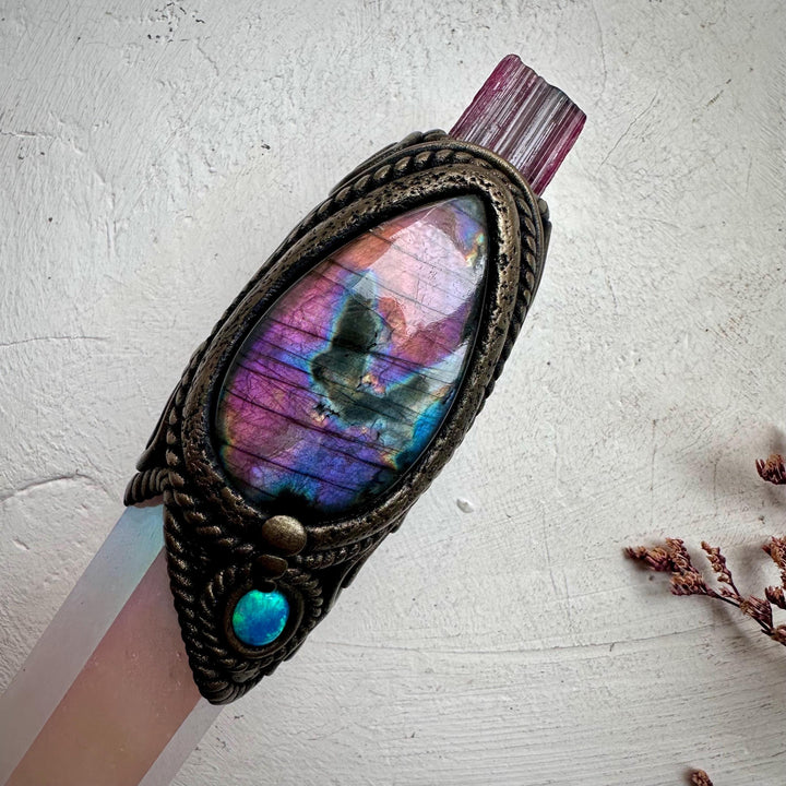 Angel Aura Rose Quartz Labradorite Opal and Bi Color Tourmaline Wand - FairyGardenGlow