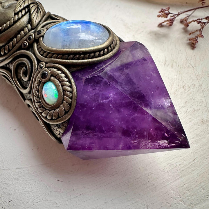 Aqua Aura Quartz Wand, Amethyst Rainbow Moonstone Opal and Blue Sapphire Goddess Wand - FairyGardenGlow