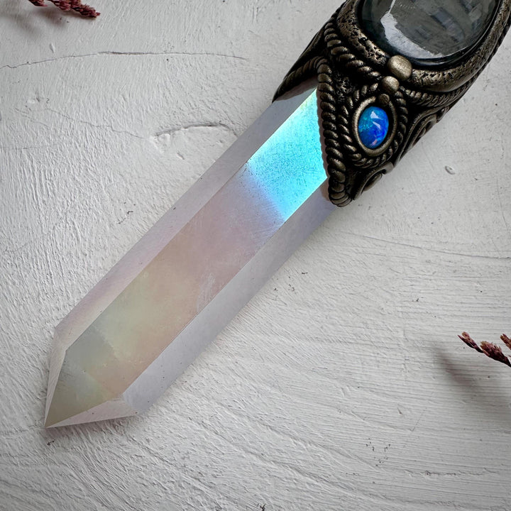 Angel Aura Rose Quartz Labradorite Opal and Bi Color Tourmaline Wand - FairyGardenGlow