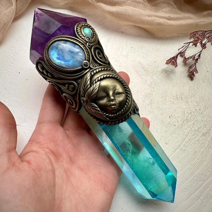 Aqua Aura Quartz Wand, Amethyst Rainbow Moonstone Opal and Blue Sapphire Goddess Wand - FairyGardenGlow