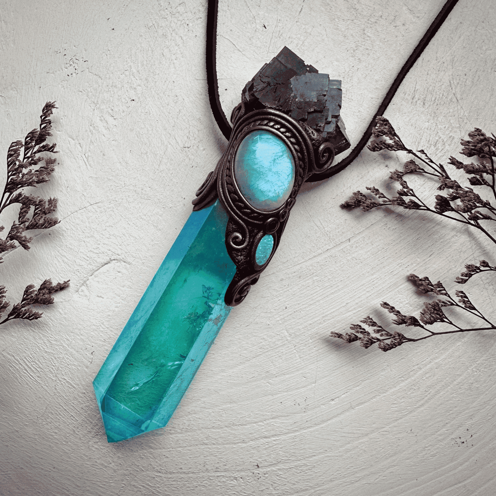 Aqua Aura Quartz Cubic Purple Fluorite Rainbow Moonstone Australian Opal Doublet and Blue Sapphire Wand / Pendant - FairyGardenGlow