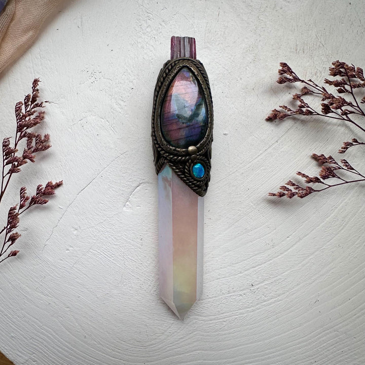 Angel Aura Rose Quartz Labradorite Opal and Bi Color Tourmaline Wand - FairyGardenGlow