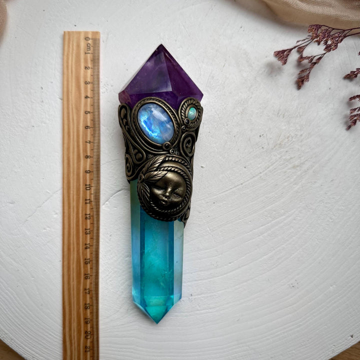 Aqua Aura Quartz Wand, Amethyst Rainbow Moonstone Opal and Blue Sapphire Goddess Wand - FairyGardenGlow