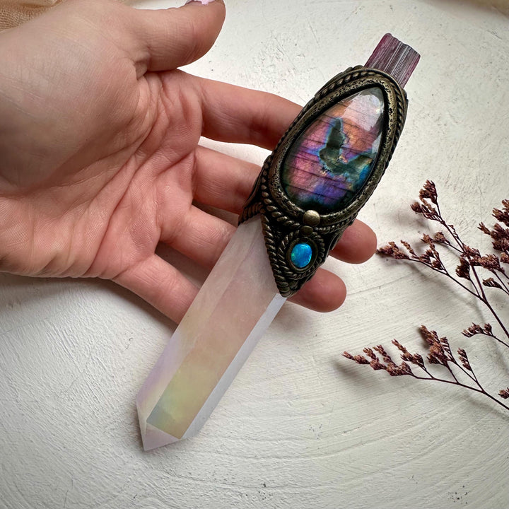 Angel Aura Rose Quartz Labradorite Opal and Bi Color Tourmaline Wand - FairyGardenGlow