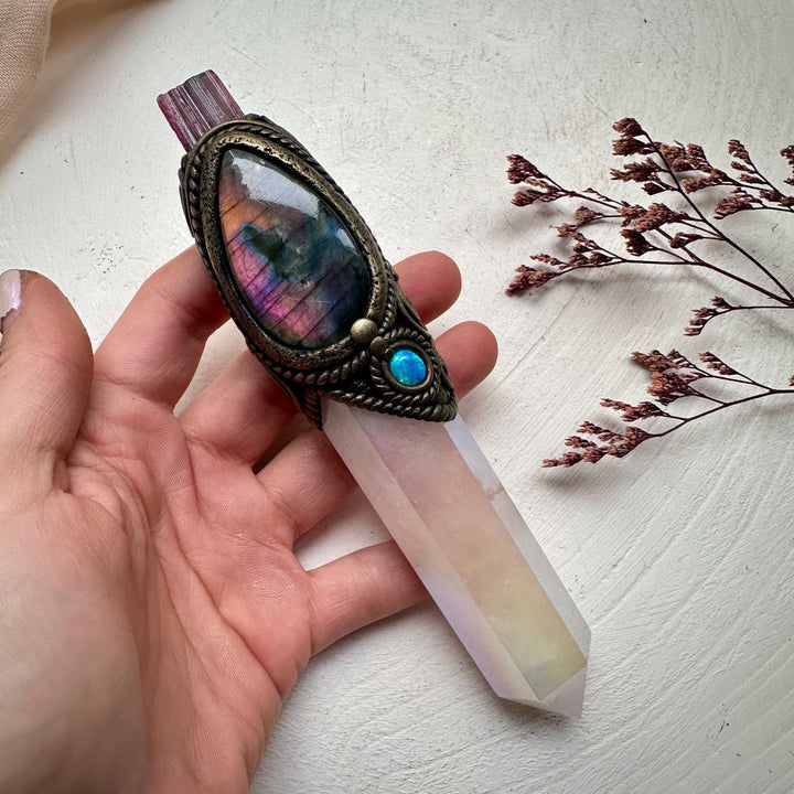 Angel Aura Rose Quartz Labradorite Opal and Bi Color Tourmaline Wand - FairyGardenGlow