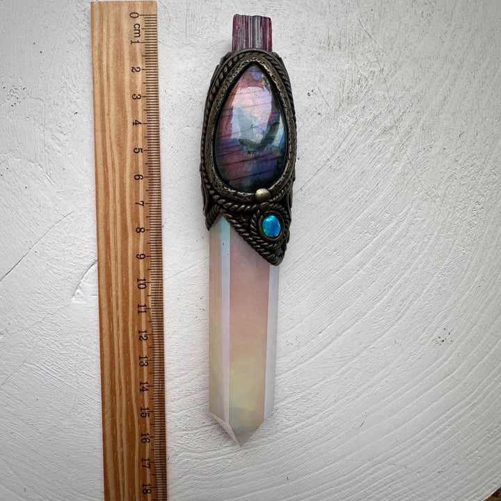 Angel Aura Rose Quartz Labradorite Opal and Bi Color Tourmaline Wand - FairyGardenGlow