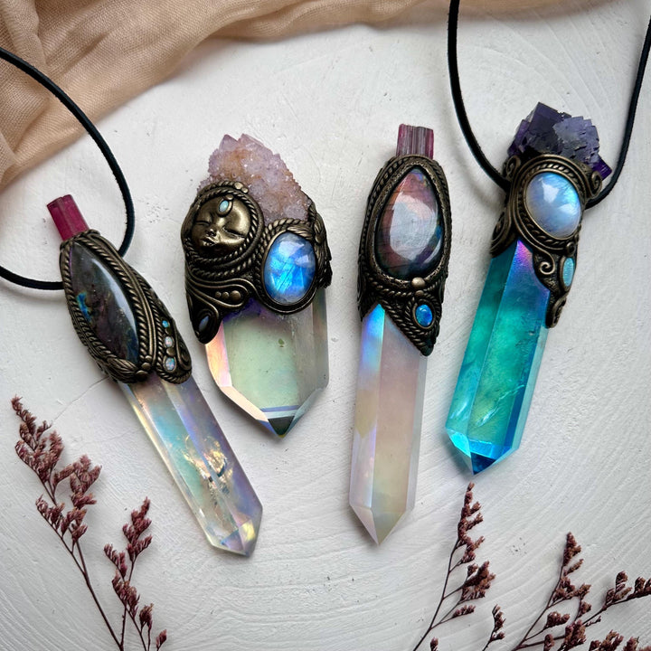 Angel Aura Rose Quartz Labradorite Opal and Bi Color Tourmaline Wand - FairyGardenGlow
