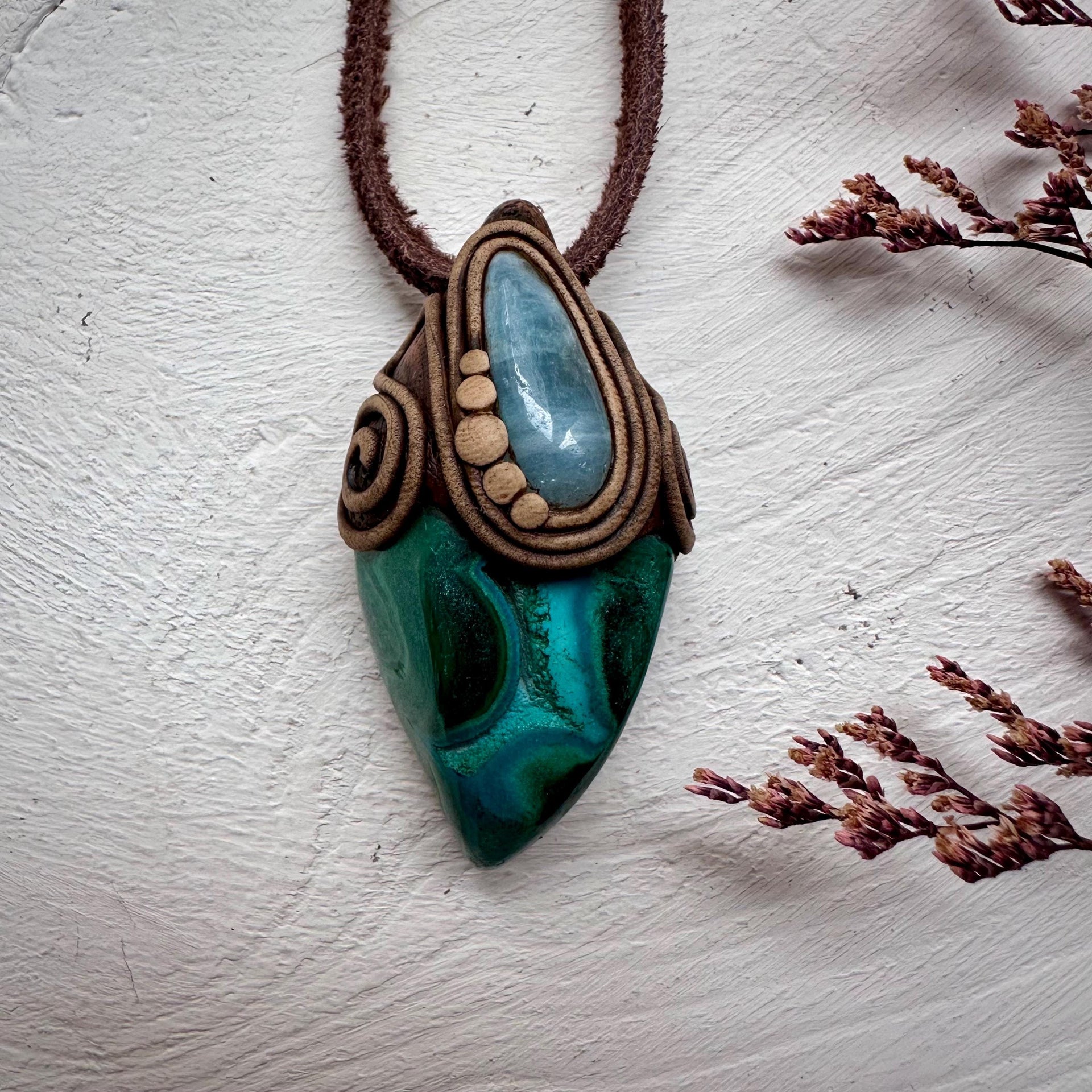 Chrysocolla Malachite and Aquamarine Pendant - FairyGardenGlow
