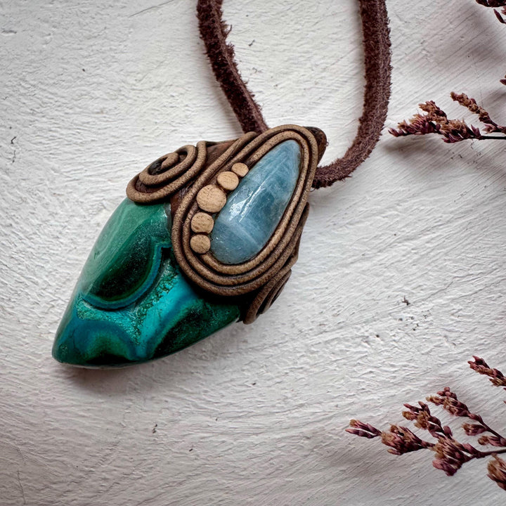 Chrysocolla Malachite and Aquamarine Pendant - FairyGardenGlow