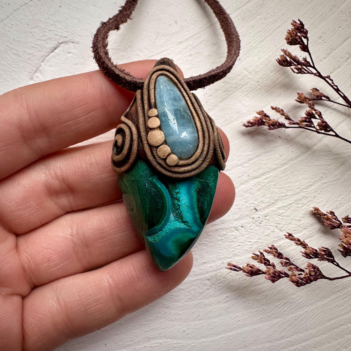 Chrysocolla Malachite and Aquamarine Pendant - FairyGardenGlow