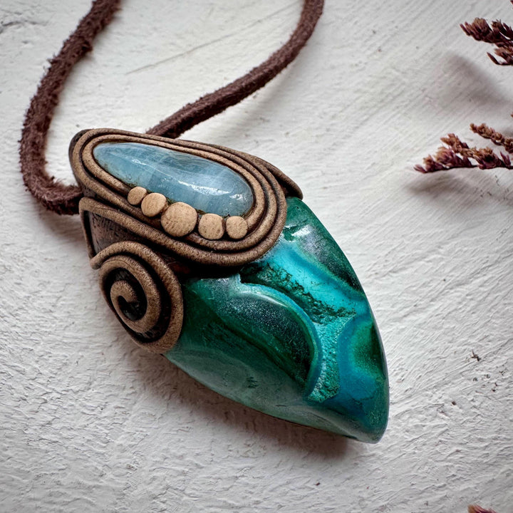 Chrysocolla Malachite and Aquamarine Pendant - FairyGardenGlow