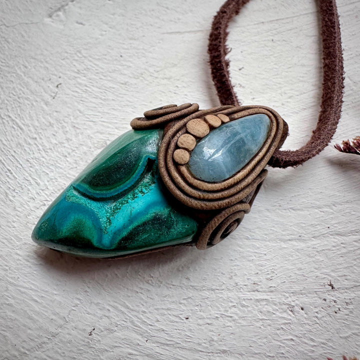 Chrysocolla Malachite and Aquamarine Pendant - FairyGardenGlow