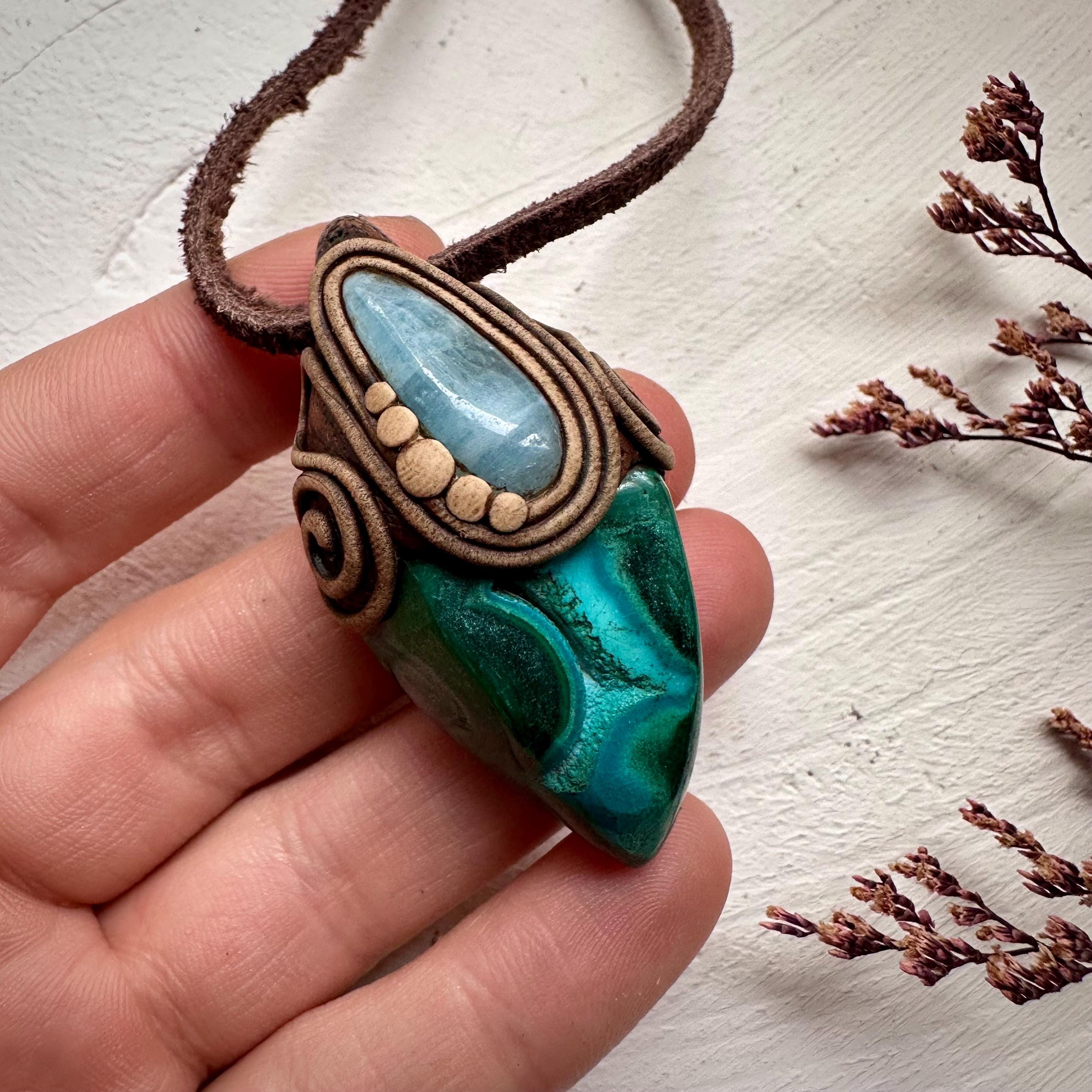 Chrysocolla Malachite and Aquamarine Pendant - FairyGardenGlow