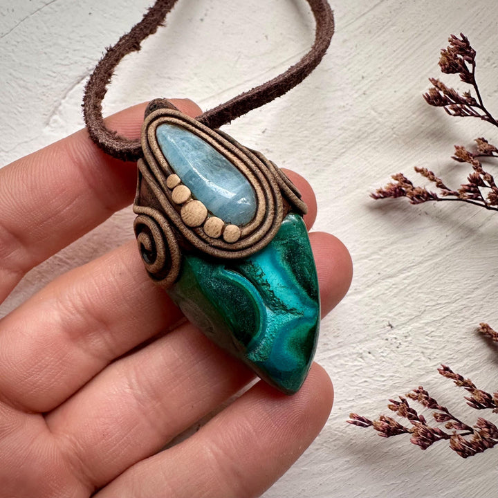 Chrysocolla Malachite and Aquamarine Pendant - FairyGardenGlow