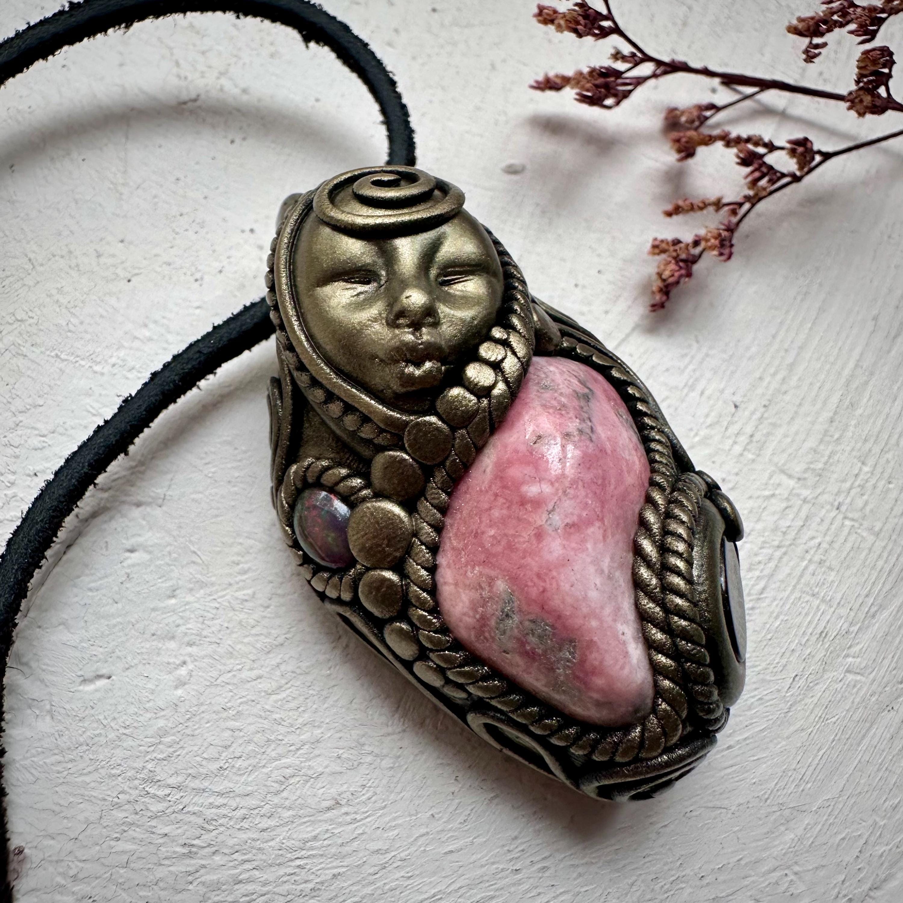 Peruvian Rhodonite Black Onyx and Black Opal Goddess Necklace - FairyGardenGlow