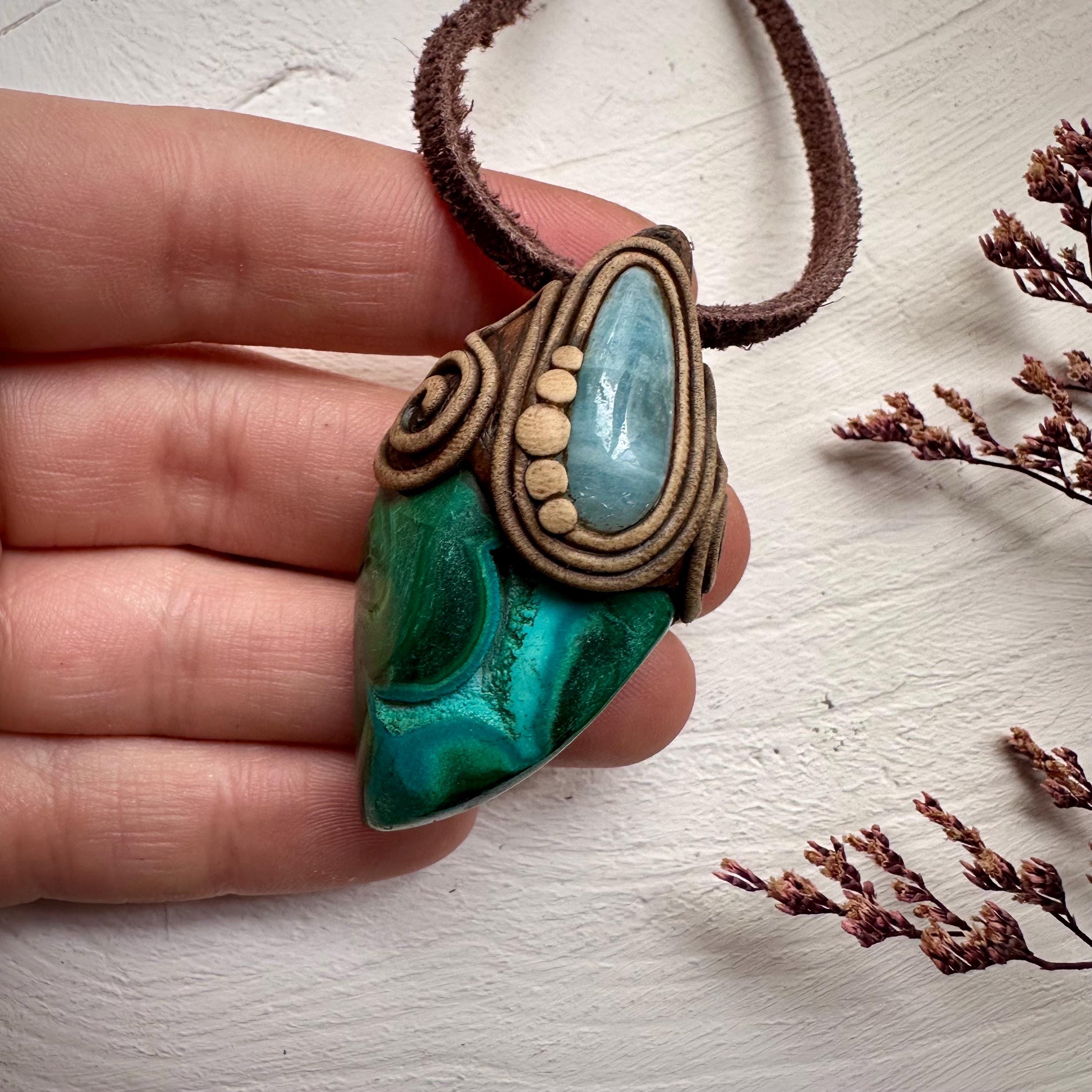 Chrysocolla Malachite and Aquamarine Pendant - FairyGardenGlow