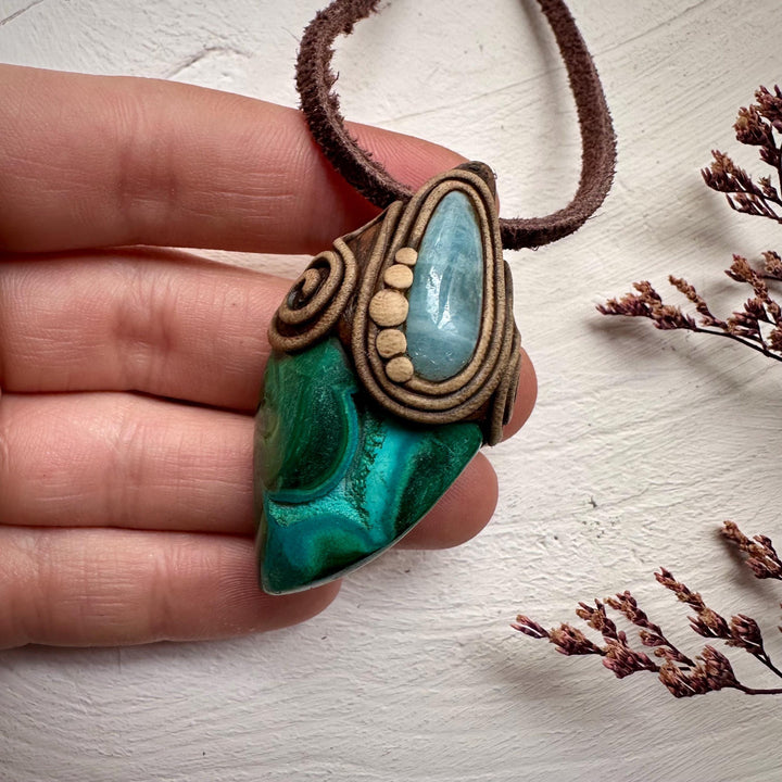 Chrysocolla Malachite and Aquamarine Pendant - FairyGardenGlow