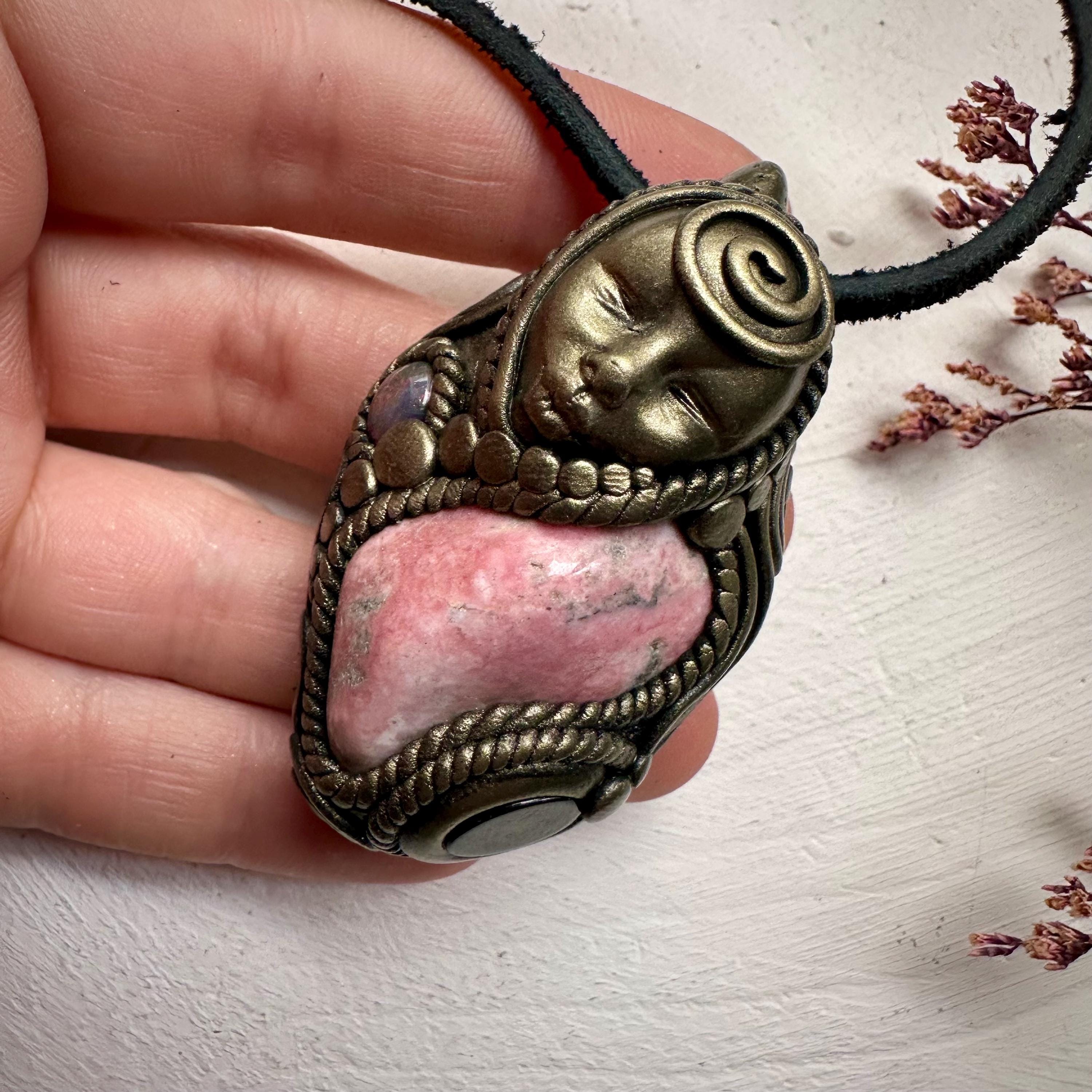 Peruvian Rhodonite Black Onyx and Black Opal Goddess Necklace - FairyGardenGlow