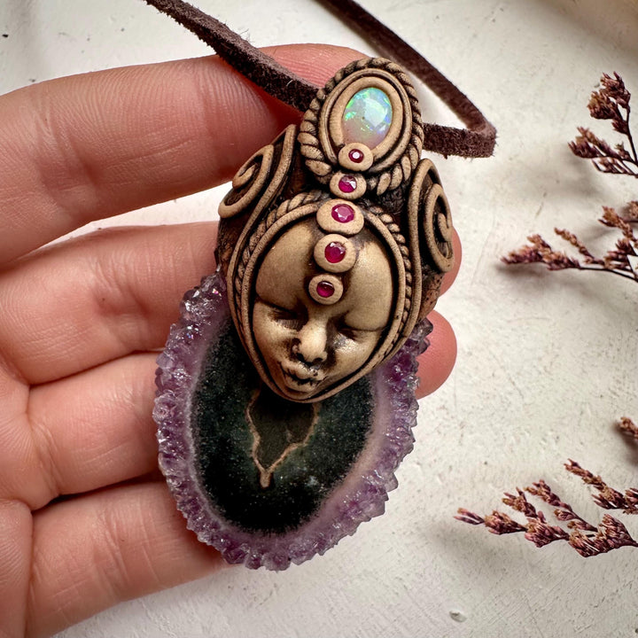 Amethyst Stalactite Australian Opal and Ruby Goddess Necklace - FairyGardenGlow
