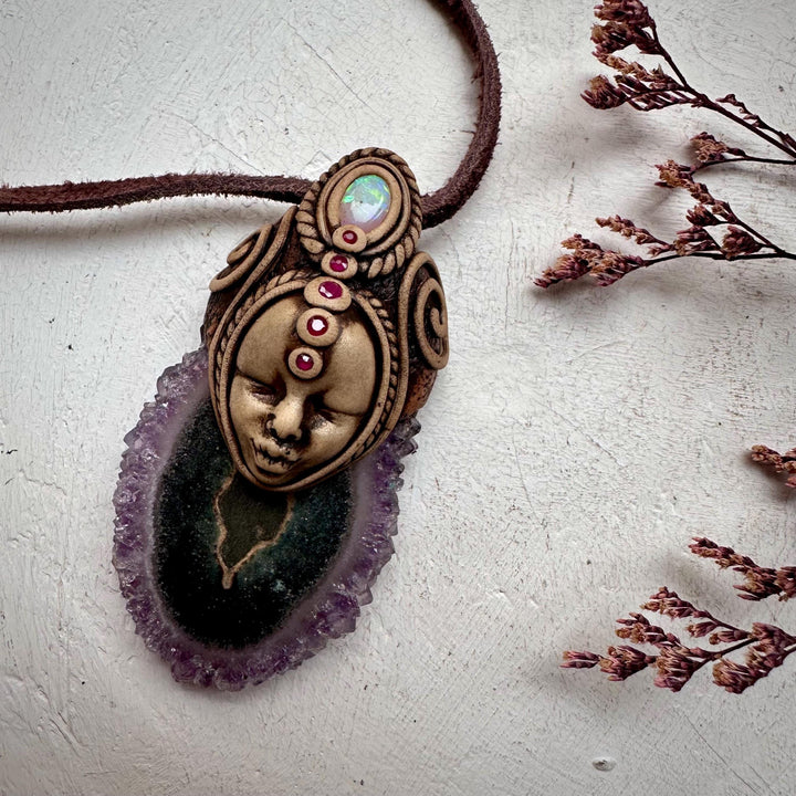 Amethyst Stalactite Australian Opal and Ruby Goddess Necklace - FairyGardenGlow