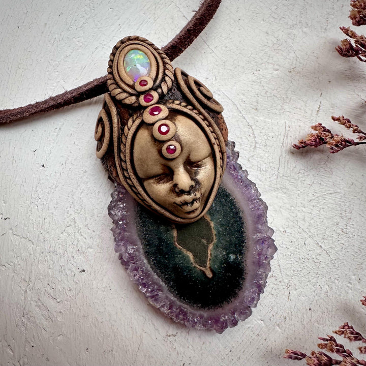 Amethyst Stalactite Australian Opal and Ruby Goddess Necklace - FairyGardenGlow